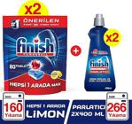 Finish Hepsi Bir Arada Limon 80 Adet 2'li Paket Bulaşık Makinesi Tableti + Finish 400 ml 2'li Paket Parlatıcı