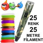 Kamuflaj 3D Kalem Yazıcı+25 Renk 25 Metre(25X1Metre)Pla Filament