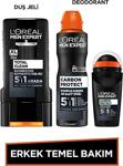 L'Oreal Paris Men Expert Erkek Temel Bakım Seti Total Clean Kömürlü Duş Jeli 300 Ml + Carbon Protect Deodorant + Roll On