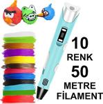 Mavi̇ 3D Kalem Yazıcı+10 Renk 50 Metre (10X5Metre) Pla Filament