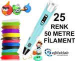 Mavi̇ 3D Kalem Yazıcı+25 Renk 50 Metre (25X2Metre) Pla Filament