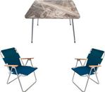 Mermer Desen Katlanır Masa + 2 Kamp Sandalyesi Bahçe Takımı Mavi