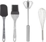 Mermer Desenli Siyah Silikon Spatula Ve Fırça + Basmalı Çırpıcı + Tel Çırpıcı Seti