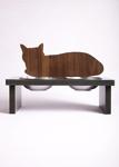 Minihediye Uykucu Kedi Tasarımlı Ahşap Kedi Mama Kabı Standı Köpek Su Kabı