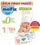 Molfix Pure and Soft Bebek Bezi Yeni Doğan 184 Adet + 2 Adet İzotonik Sulu Islak Mendil Yenidoğan He