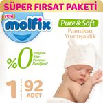 Molfix Pure & Soft 1 Numara Yenidoğan 92 Adet Süper Fırsat Paketi Bebek Bezi