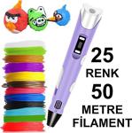 Mor 3D Kalem Yazıcı+25 Renk 50 Metre (25X2Metre) Pla Filament