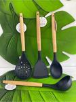 Morzahome Siyah Bambu Görünüm Silikon Kepçe Kevgir Kaşık Spatula Set 4'Lü 32.5Cm