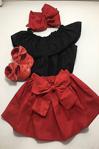 Özge Başaran Kız Bebek Kırmızı Etek Siyah Bluz Ve Fiyonklu Bandana Seti 3 Parça