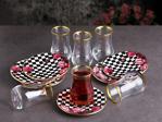 Pinkev 6 Kişilik Rose Damalı Seramik Tabaklı Çay Bardağı Seti