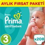 Prima Aktif Bebek 3 Numara Midi 208'li Aylık Paket Bebek Bezi