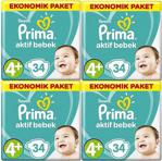 Prima Aktif Bebek 4+ Numara Maxi Plus 34 Adet 4'lü Paket Bebek Bezi