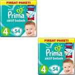 Prima Bebek Bezi 4 Beden 108 Adet 54X2 Li Fırsat Paket Aktif Bebek 7-14 Kg