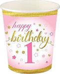 Roll-Up 8 Oz Kağıt Bardak 8'Li - Happy Birthday - 1 Yaş Pembe