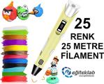 Sari 3D Kalem Yazıcı+25 Renk 25 Metre (25X1Metre) Pla Filament