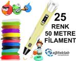 Sari 3D Kalem Yazıcı+25 Renk 50 Metre (25X2Metre) Pla Filament