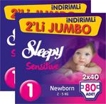 Sleepy Sensitive Pepee 1 Numara Yenidoğan Jumbo 80 Adet 2'li Paket Bebek Bezi