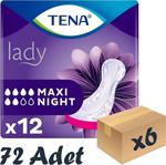 Tena Lady Maxi Night, Kadın Gece Mesane Pedi, 6 Damla, 12'Li 6 Paket 72 Adet