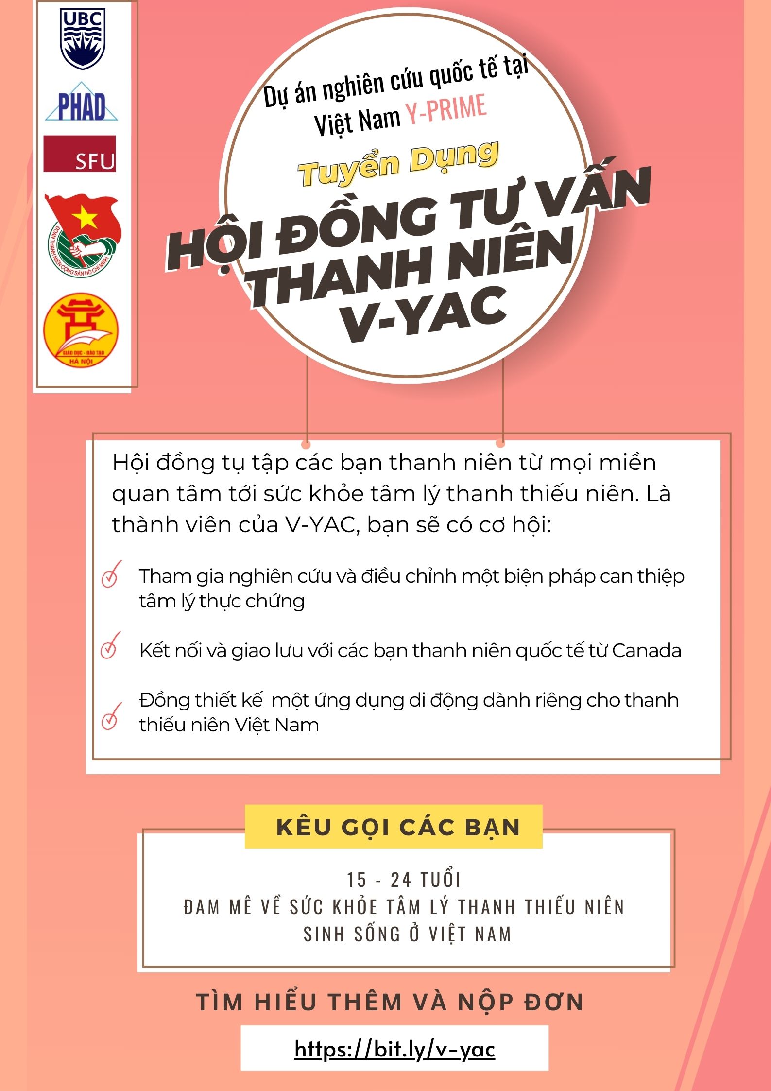 DỰ ÁN NGHIÊN CỨU QUỐC TẾ TẠI VIỆT NAM Y-PRIME (ỨNG DỤNG TRỢ GIÚP THANH THIẾU NIÊN CHĂM SÓC TÂM LÝ) TUYỂN DỤNG HỘI ĐỒNG TƯ VẤN THANH NIÊN V-YAC