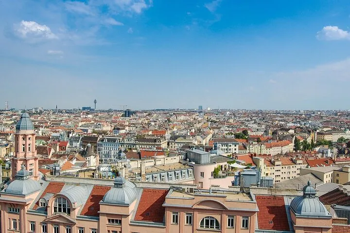 Panoramic cityscape of Vienna rooftops.