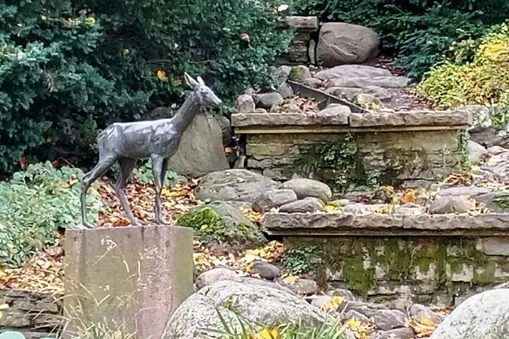 Bronze deer statue in rocky garden.