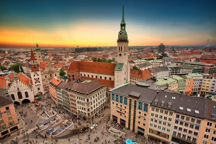 Marienplatz, Munich cityscape, St. Peter's Church at sunset.