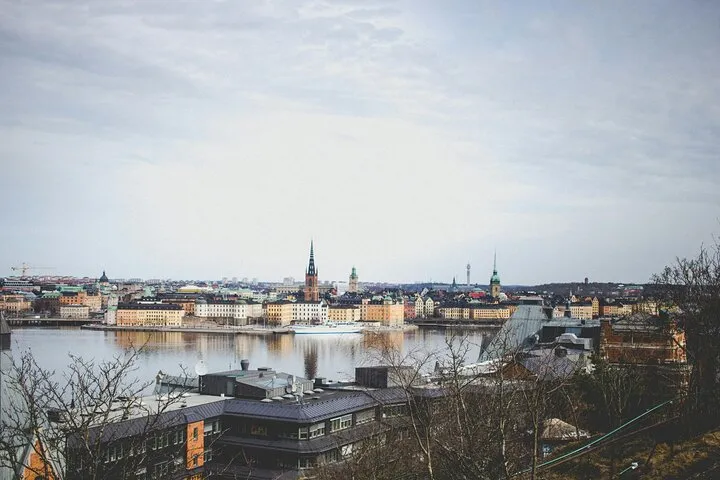 Stockholm city skyline, waterfront, and historic buildings.