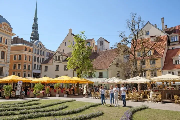 Historic Riga square, St. Peter's Church, cafes.
