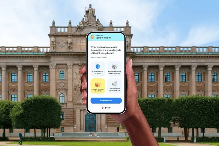 Smartphone displaying quiz about Riksdag building.