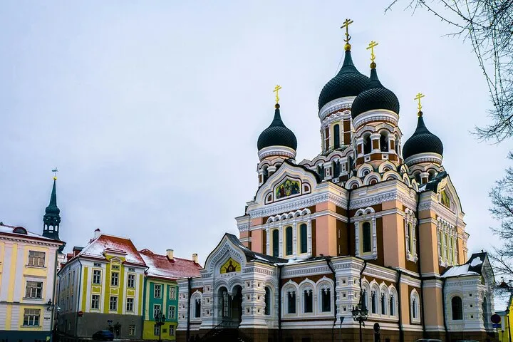 Ornate Alexander Nevsky Cathedral in snowy Tallinn.