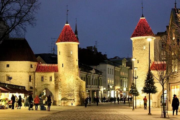 Tallinn Old Town Christmas lights historic towers night