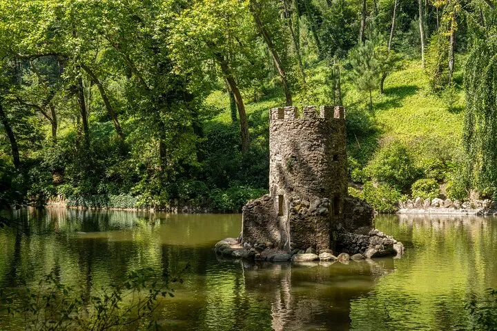 Ruined stone tower in tranquil forest lake.