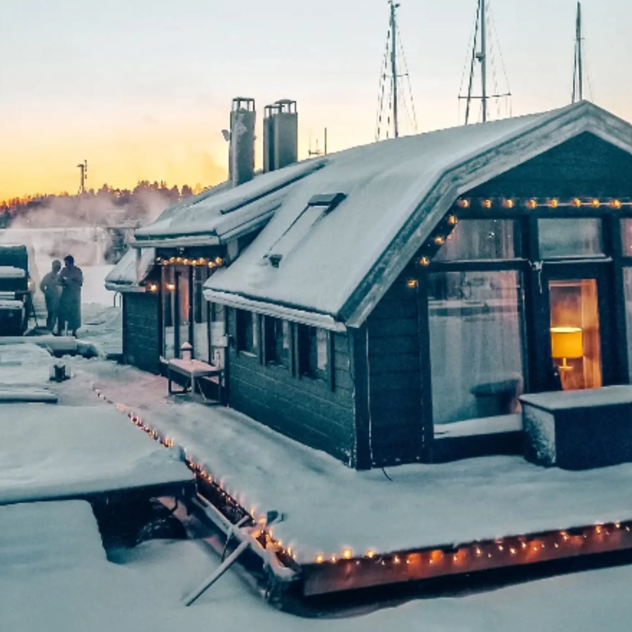 Snowy houseboat with bright string lights.