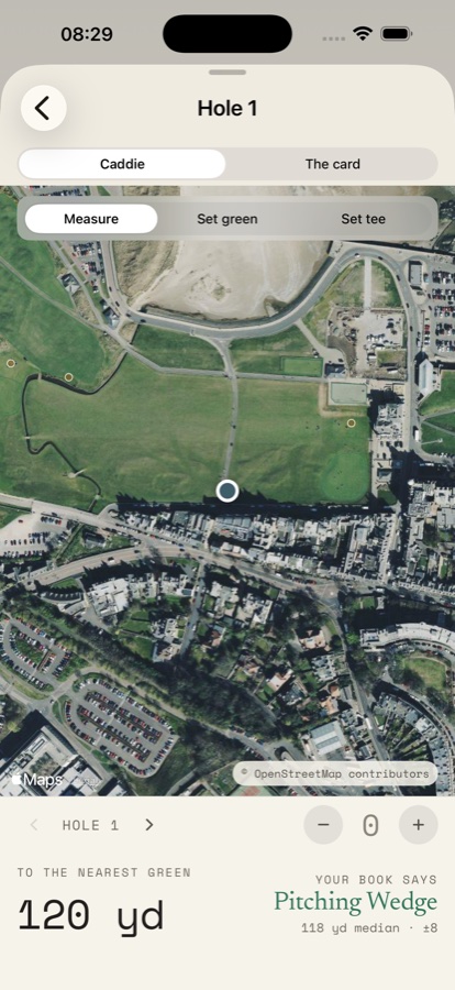YŪGEN on iPhone: the caddie, 120 yards to the nearest green