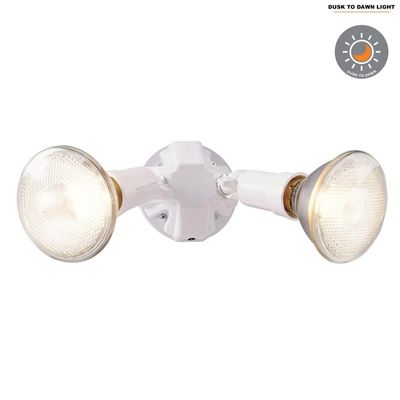 Outdoor Twin Flood Light with Light Sensor, White Plastic Housing, 150 Watt
