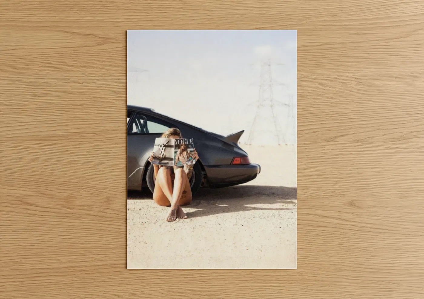 Sports car art print on warm oak wood — gold and black and white palette — Desert Getaway poster