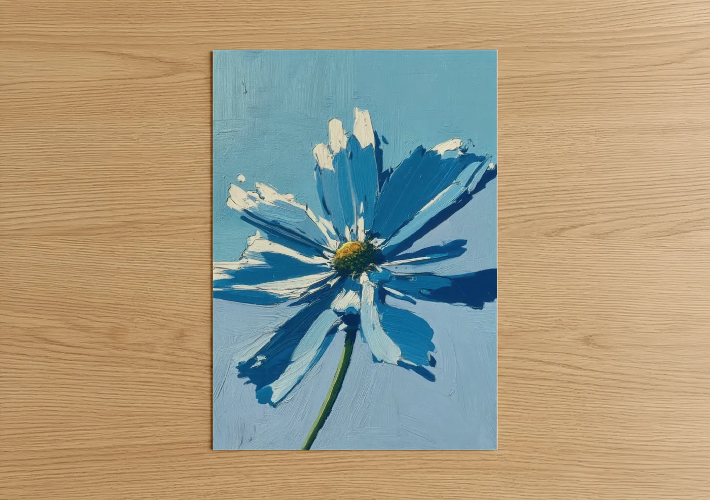 Abstract flower art print on warm oak wood — blue and white and gold palette — Azure Daisy poster
