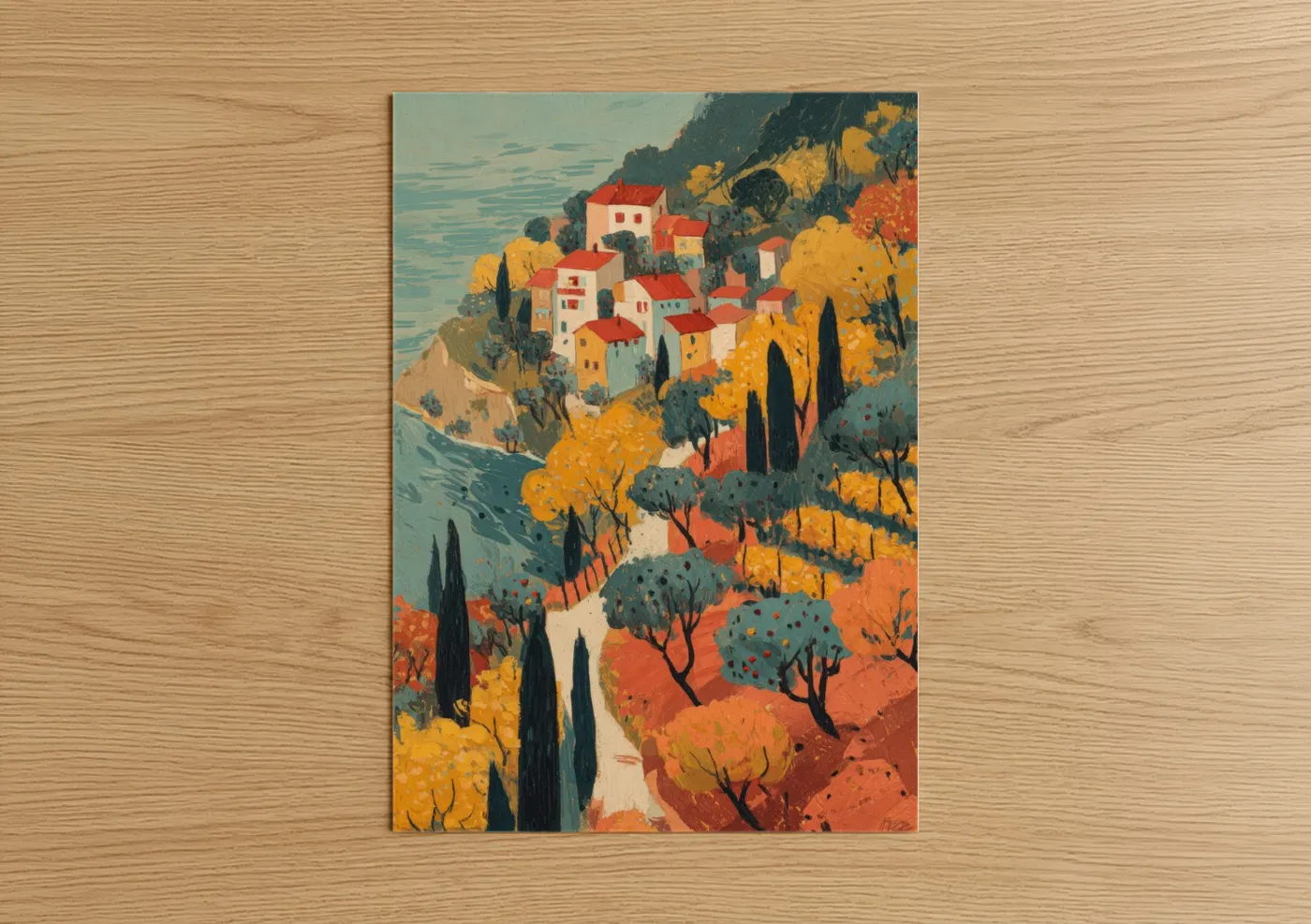 Autumn Clifftop Village Mediterranean Landscape Wall Art