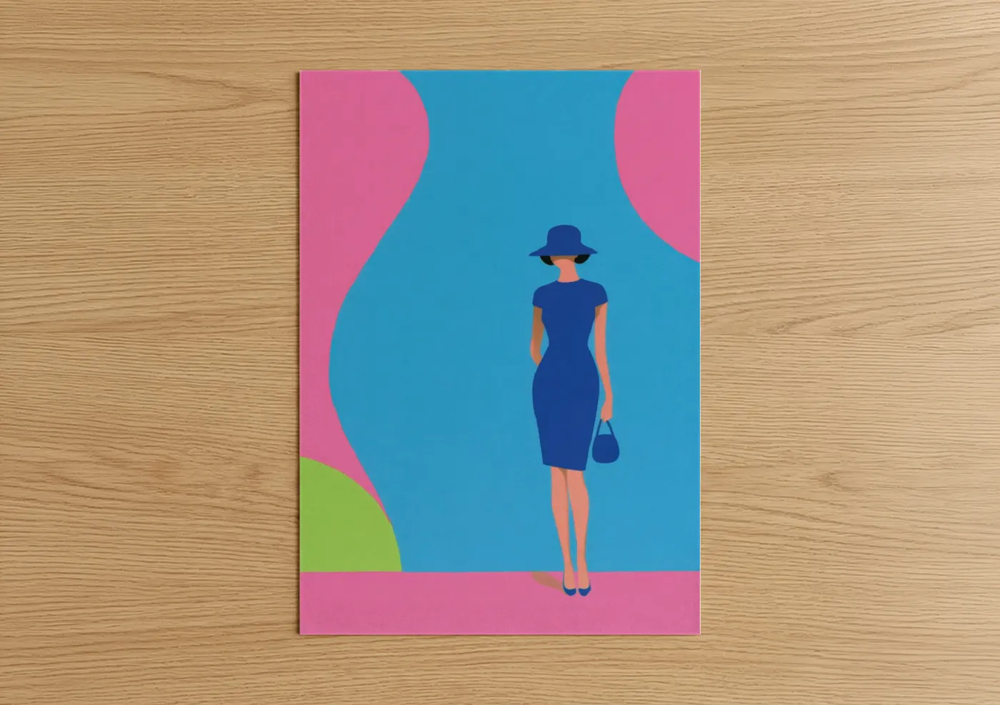 Fashion illustration art print on warm oak wood — blue and pink palette — Chic Fashion Portrait poster