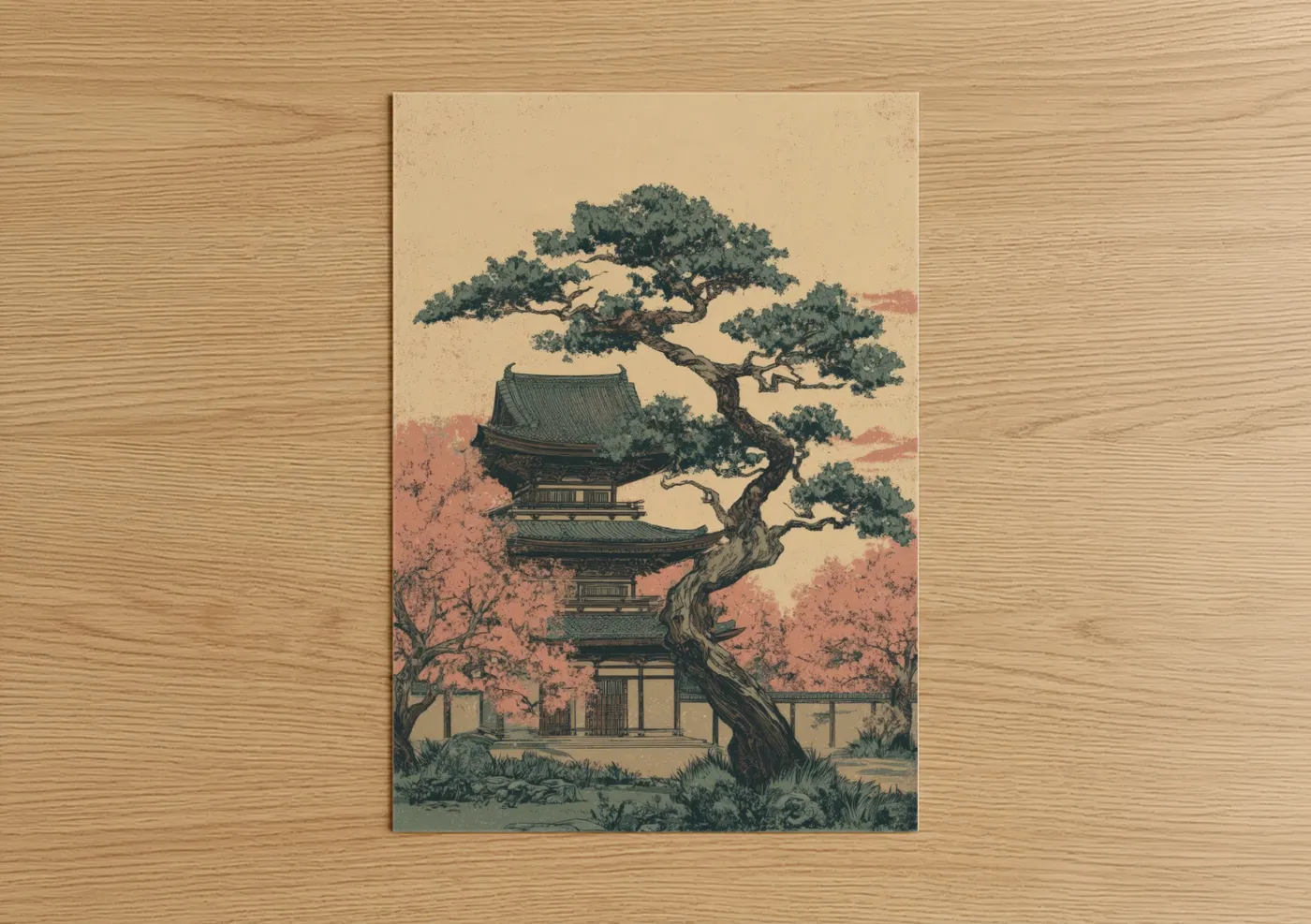 Bonsai tree art print on warm oak wood — cream and dark green palette — Zen Bonsai Temple poster