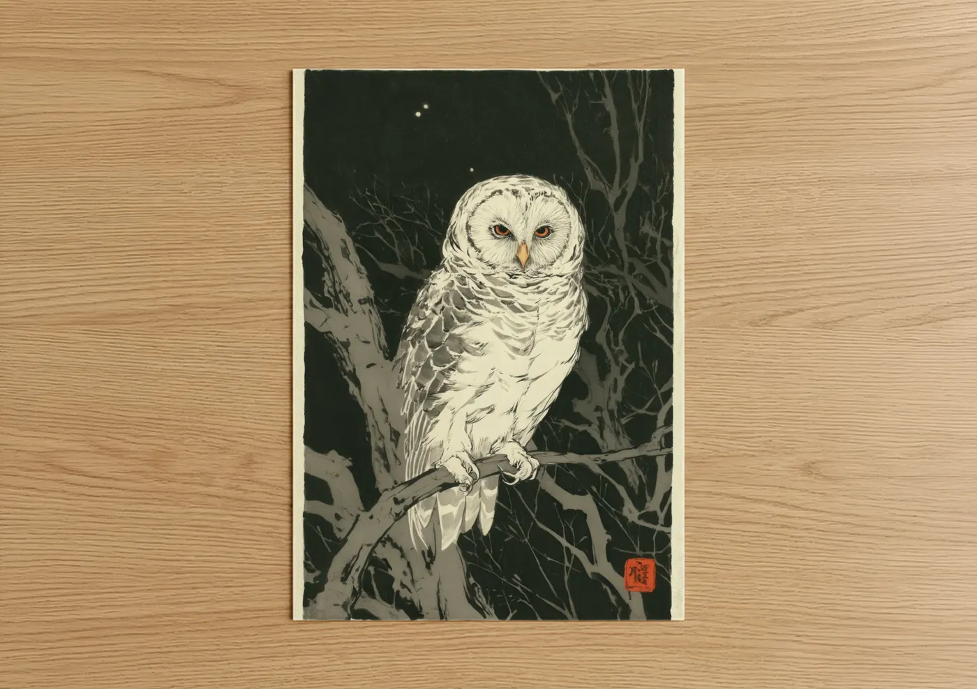 Snowy Owl Night Woodblock Wall Art
