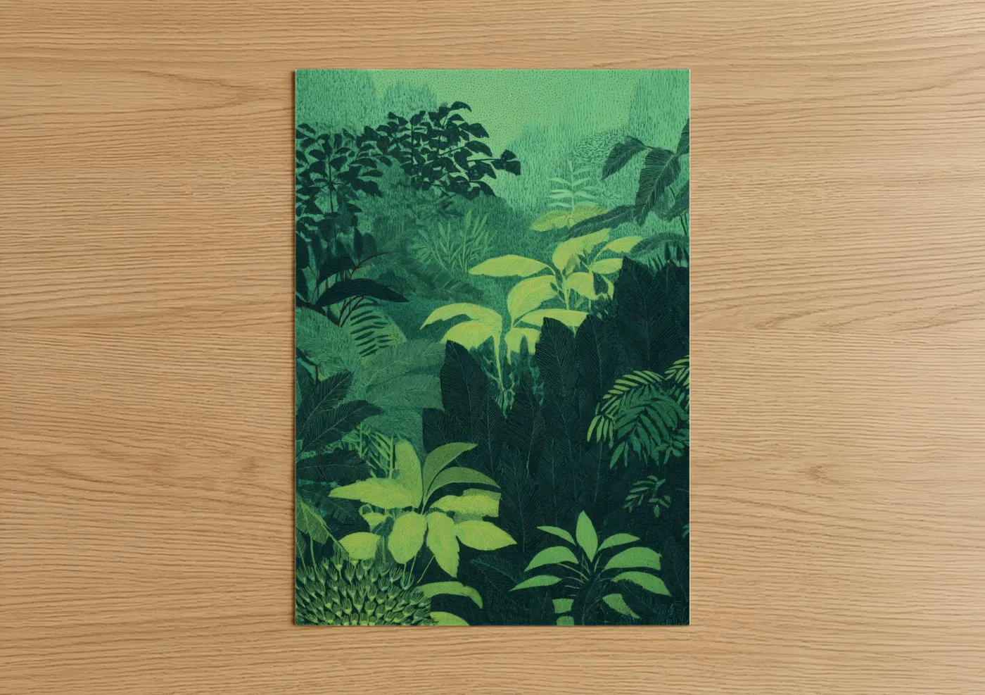 Art print on warm oak wood — light green and dark green palette — Verdant Dreamscape poster