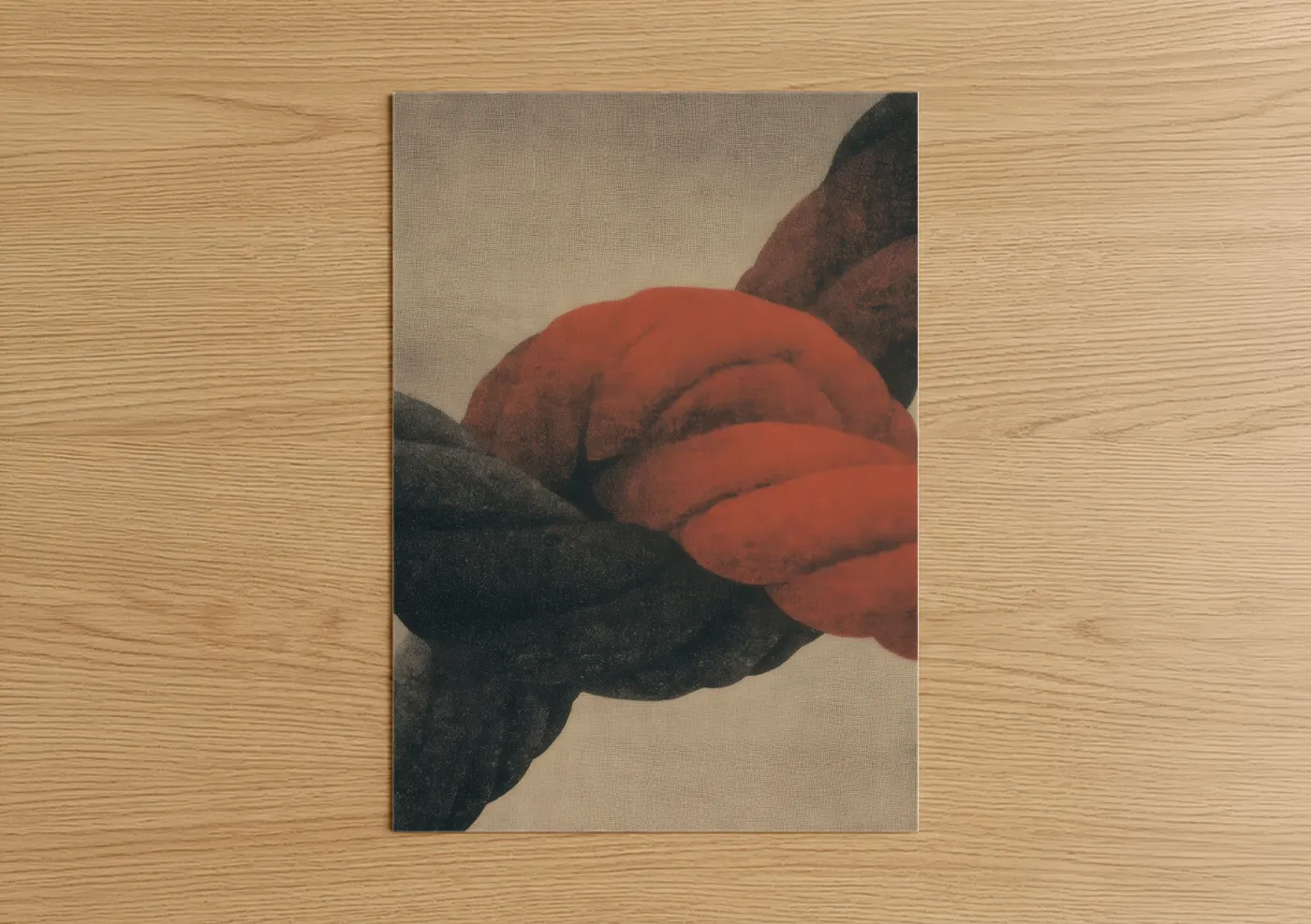 Rope knots art print on warm oak wood — red and black palette — Crimson Knot Bond poster