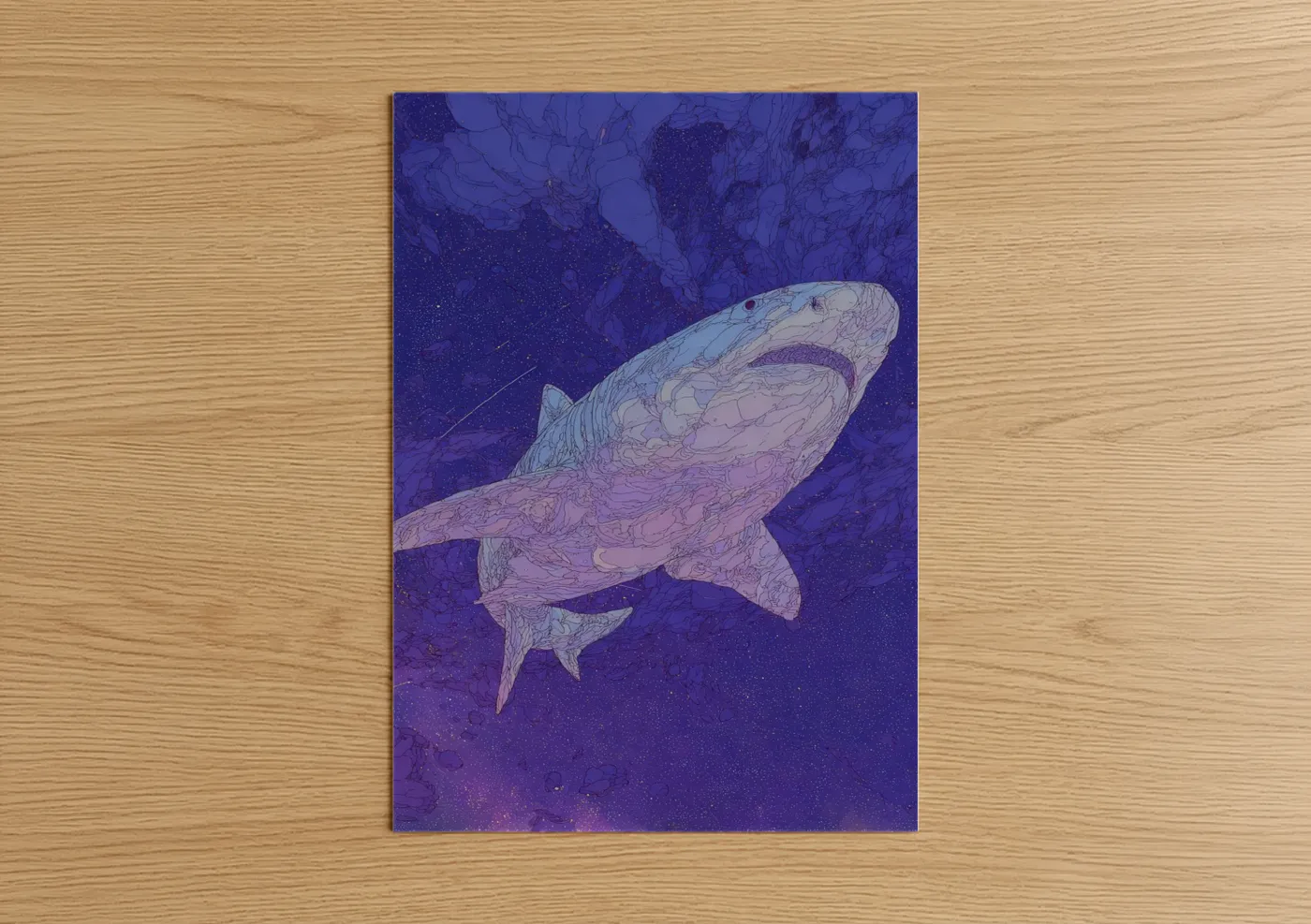 Art print on warm oak wood — purple and blue palette — Ethereal Basking Shark poster