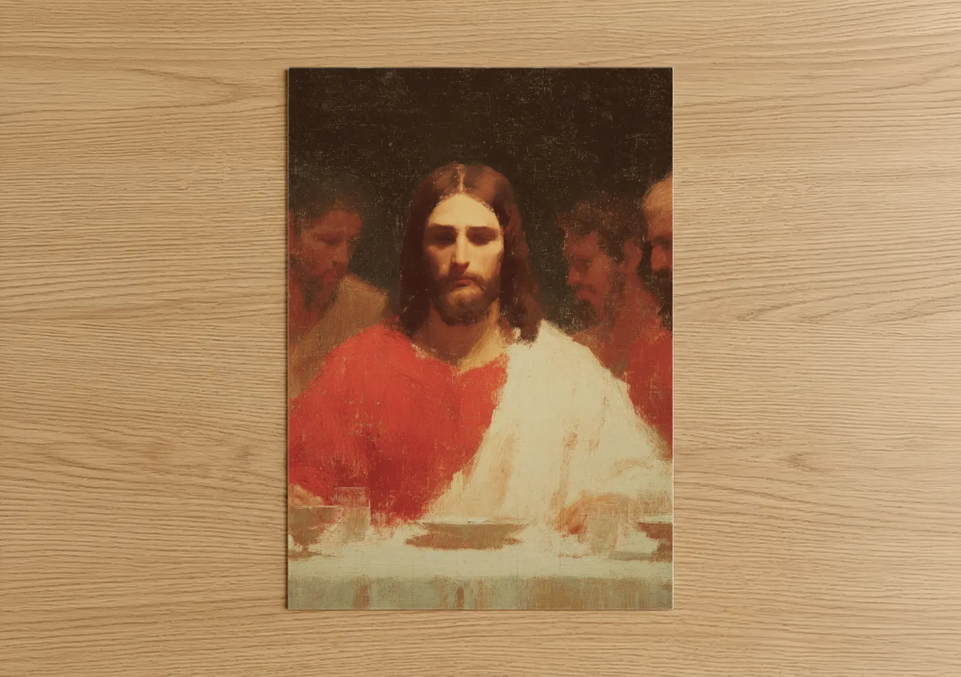 Jesus christ art print on warm oak wood — red and cream palette — Christ at Table poster