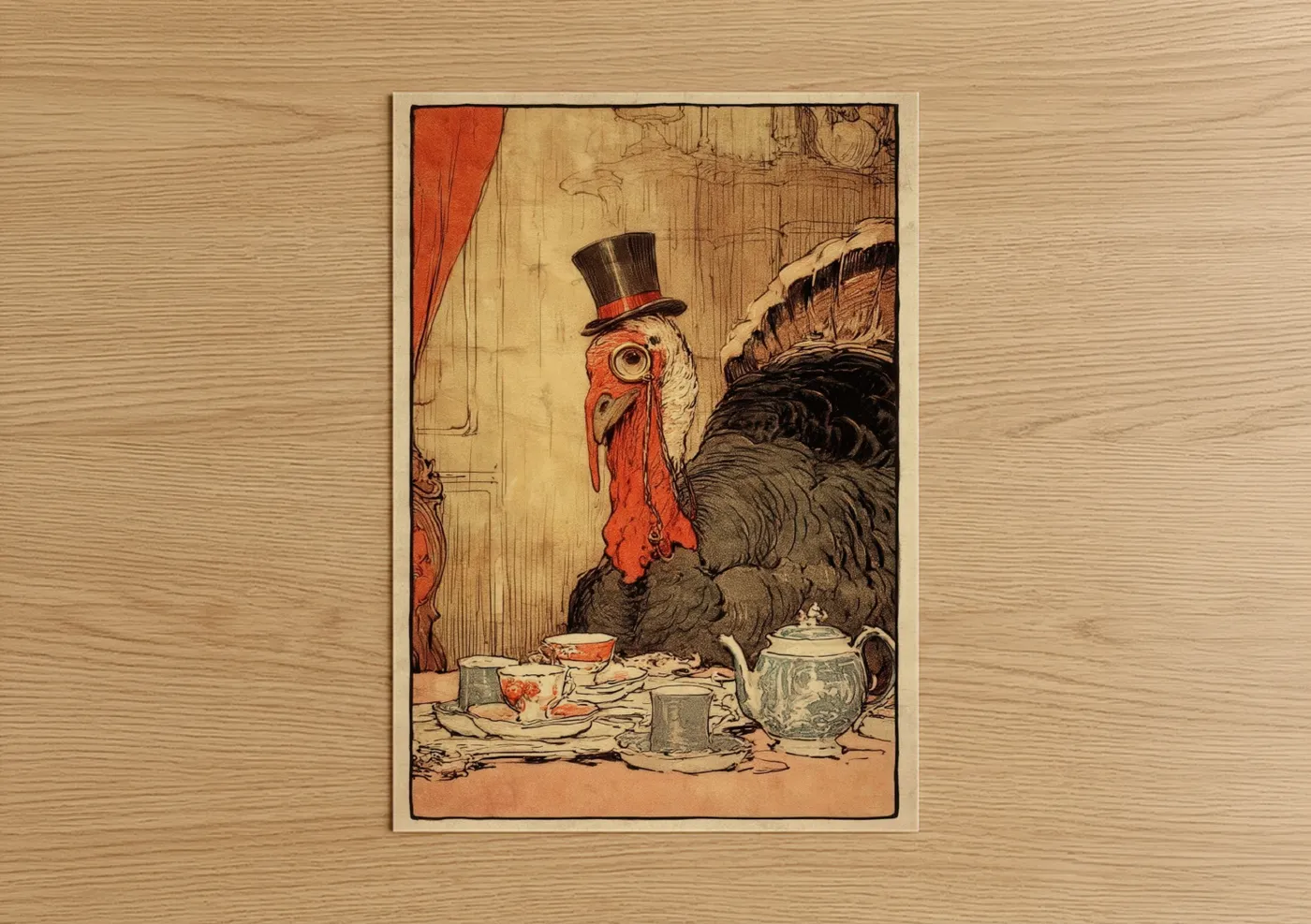 Elegant Turkey Top Hat Vintage Illustration Wall Art