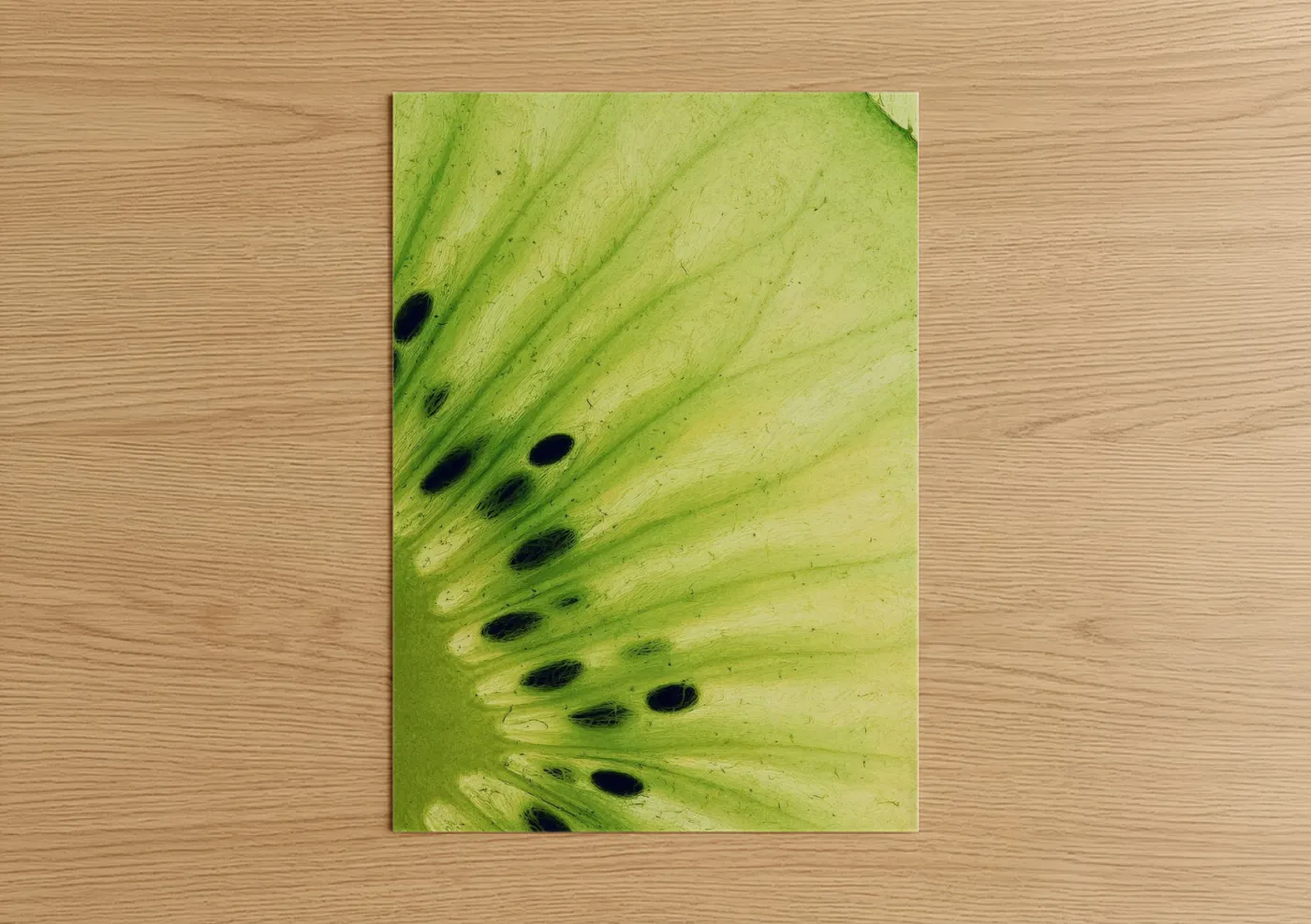 Fruit art print on warm oak wood — lime green and yellow gold palette — Lime Cross Section poster