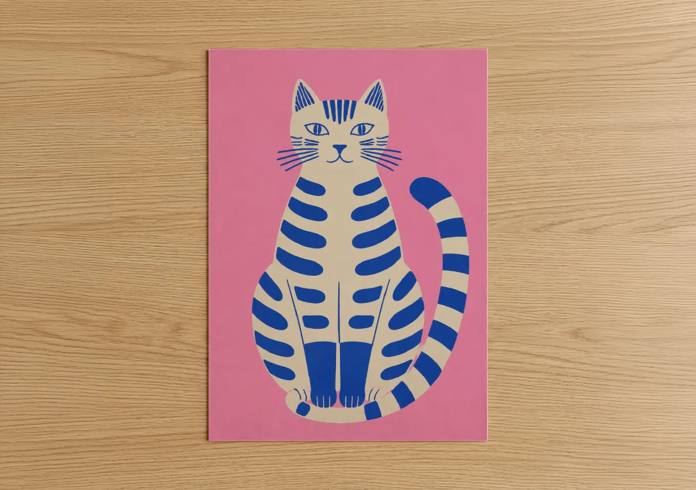 Art print on warm oak wood — pink and royal blue palette — Blue Striped Cat on Pink Wall Art poster