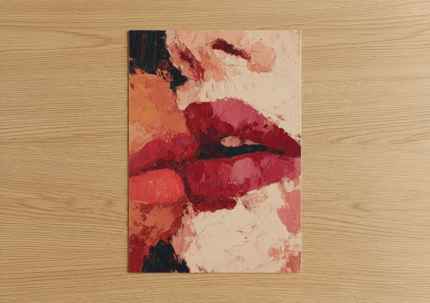 Art print on warm oak wood — red and peach palette — Crimson Lip Abstract poster