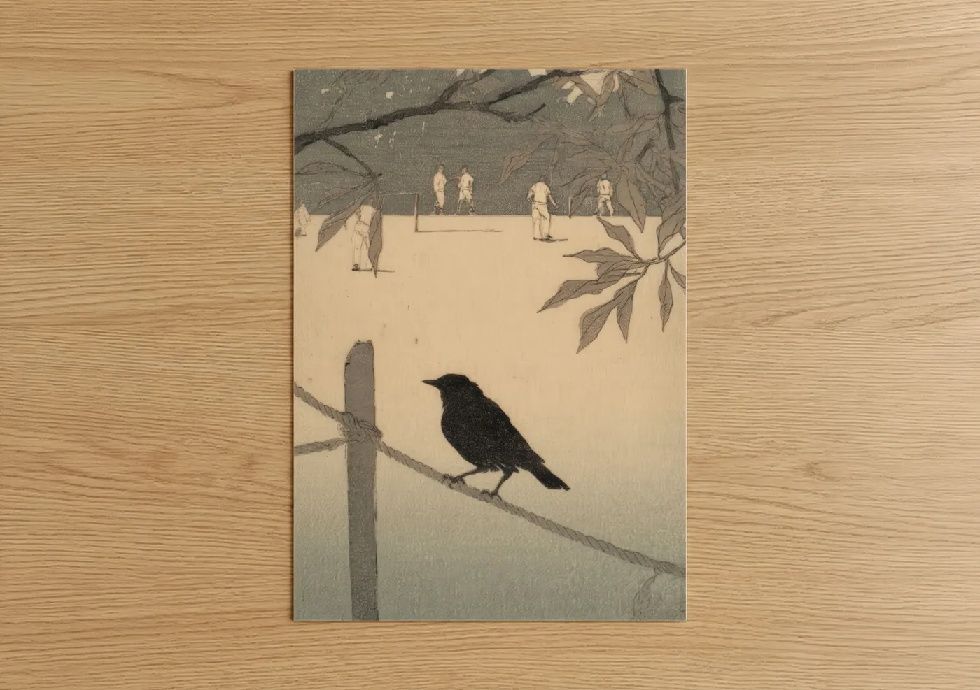 Art print on warm oak wood — beige and black palette — Cricket Match Observation poster